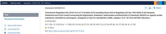 Pos 72 dari Peraturan Komisi (EU) 2018/1513 tentang perubahan Annex XVII dari Peraturan REACH (EC) No 1907/2006
