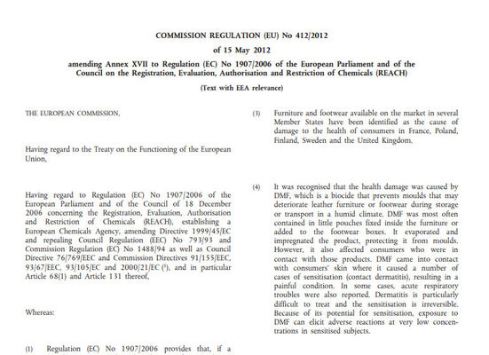 ISO/TS 16186,Peraturan (UE) No 412/2012 mengubah Entri 61 Lampiran XVII Peraturan REACH (EC) No 1907/2006